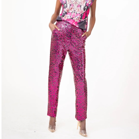 NWT Pantora Stacy Sequin Pant Pink Leopard Print in Size Large - Picture 2 of 5